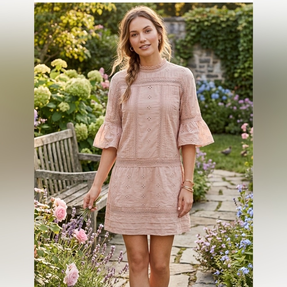 Ulla Johnson Elena Silk Eyelet Lace Pale Pink Feminine‎ Coquette Dress 8